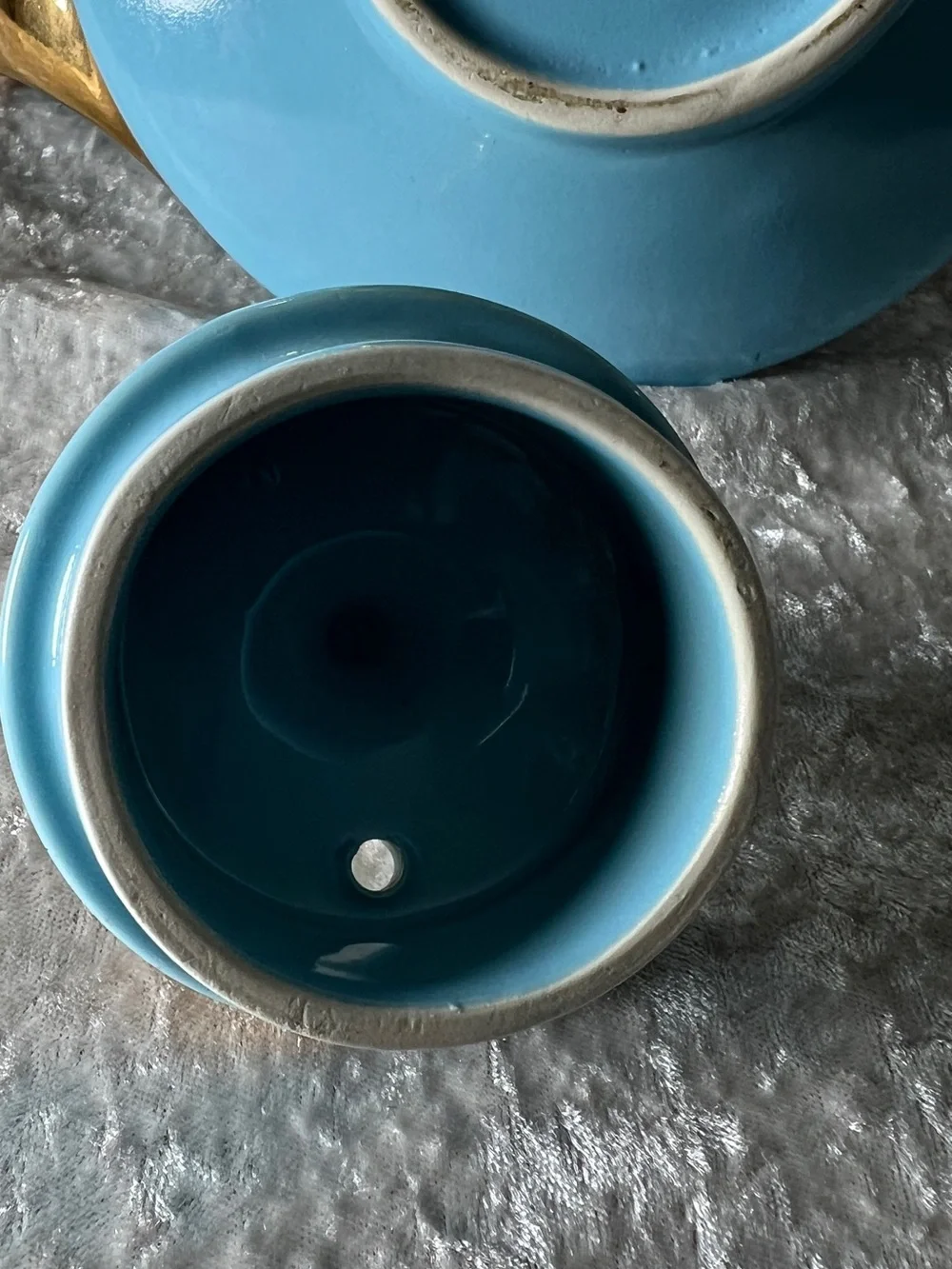 Blue Ceramic Teapot and Creamer Set with Gold Trim